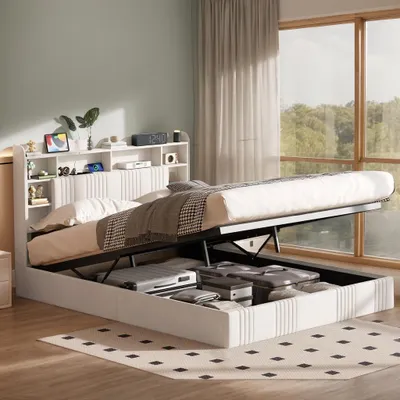 Produktbild von INONEFT Polsterbett 160x200 cm Hydraulisch Stauraumbett mit LED und USB, Doppelbett  mit Lattenrost und Stauraum-Kopfteil, Leinen Beige, Ohne Matratze