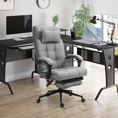 Produktbild von SUGIFT Schreibtischstuhl 155° neigbar, Bürostuhl ergonomisch mit Liegefunktion, Leinenoptik-Bezug, Hellgrau  |  Kopfstütze  |  bis 120 kg  |  47–55 cm Sitzhöhe