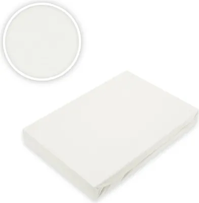 A white fitted sheet is shown folded on a white background. A circular inset shows a close-up of the fabric texture.