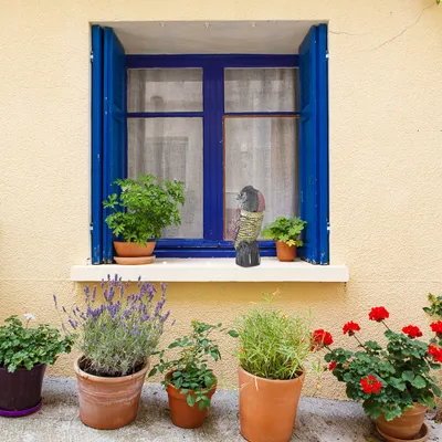 Produktbild von 2 x Vogelschreck Eule, mit Wackelkopf, stehende Dekofigur, Taubenschreck für Garten, Balkon, Terrasse, mehrfarbig