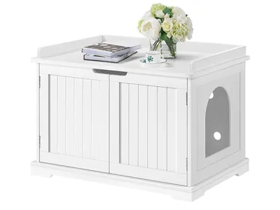 Produktbild von Yaheetech Katzenhöhle für große Katzen Katzenschrank Holz Katzenhaus 75,5 x 51 x 52,5 cm Katzenbett mit magnetischen Türen Separate Trennwand Katzentoilette Katzenklo Schrank, Weiß