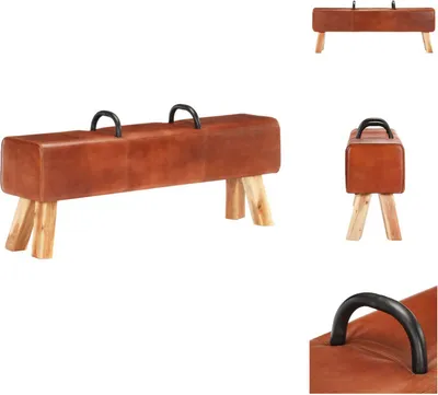 A vintage-style pommel horse bench with leather upholstery and wooden legs, presented from multiple angles against a white background.