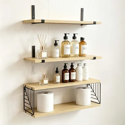 Immagine prodotto di Relaxdays, set di 3 mensole a parete, metallo e MDF, mensole sospese per cornici e decorazioni, ideali per soggiorno, ingresso, colore naturale/nero