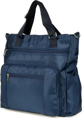 A navy blue tote bag is shown against a white background.