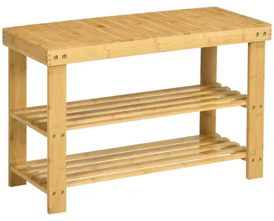 Image de Étagère à chaussures sur 3 niveaux, banc à chaussures en bambou avec assise, banc d'entrée en bois naturel | Pour 6 à 9 paires | Jusqu'à 130 kg | 70 x 28 x 45 cm
