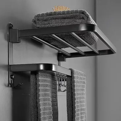 Image de Omgoods - Porte-serviettes mural avec 2 niveaux et crochets pliables - Acier inoxydable