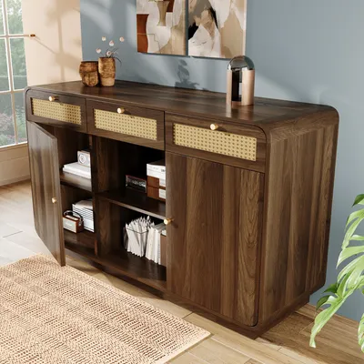 Image de MODFU Commode Buffet - Meuble de Rangement avec 3 Tiroirs, MDF Panneau de Particules, 120×40×85 cm, Noyer