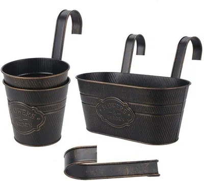 Immagine prodotto di Set da 3 vasi sospesi vintage in metallo per piante, vasi per fiori, vasi sospesi per balcone, giardino e decorazione d'interni con ganci rimovibili (rotondi + ovali)
