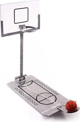 A mini basketball hoop and court set.