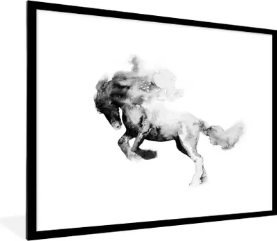 Produktbild von MuchoWow® Gerahmtes Poster Gemälde - Pferd - Tiere - Ölfarbe - Schwarz - Weiß 80x60 cm - Poster mit Schwarzem Bilderrahmen Wandposter Rahmen Foto Bilder - Schlafzimmer-Dekorationen - Fotoposter