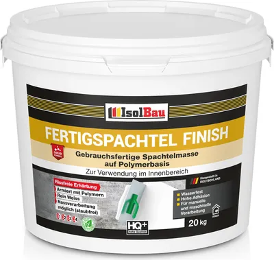 Produktbild von Isolbau Fertigspachtel Finish 20 kg, Glättspachtel Fugenspachtel, Gebrauchsfertige Polymer-Gips Fertig-Spachtelmasse für innen, Weiß Q1-Q8