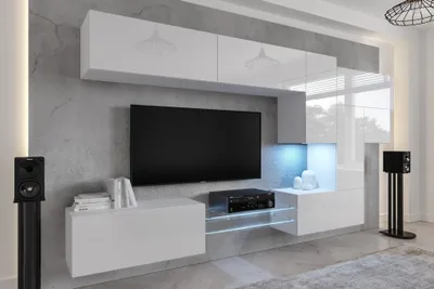 Produktbild von Furnitech Wohnwand Wohnzimmer - Wohnzimmer Möbel mit LED RGB - 16 Farben - Hängend Wohnwand Modern - Regale und TV Schrank (AN92NEW-21W-HG2)