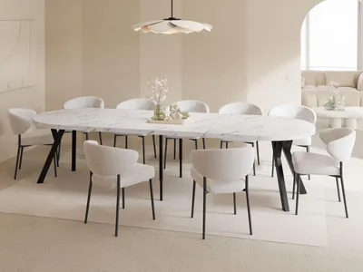 Produktbild von Esstisch Rund Groß XXL Ausziehbar im Loft-Stil – 100 bis 300 cm – Extra Lang Ausziehtisch mit Schwarzen Holzbeinen, Industrieller Tisch für 5-16 Personen – Esszimmertisch – Marmor Weiß