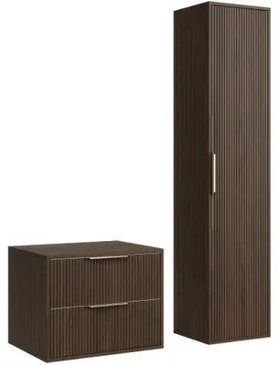 Produktbild von Badplaats Waschbeckenunterschrank Rimini 60 x 46 cm Walnuss Braun - Hängender Badezimmerschrank mit 2 Schubladen und Hochschrank