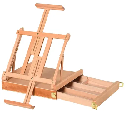 Immagine prodotto di Cavalletto Da Studio In Legno Di Faggio, Angolo Regolabile, Pieghevole Con Cassetto, Naturale, 42X36X12,5 Cm
