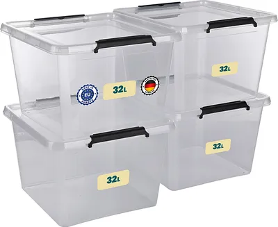 Produktbild von Aufbewahrungsbox mit Deckel 4er Set Kunststoffbox Stapelbox Lagerbox Regalbox 4er Set 32 Liter