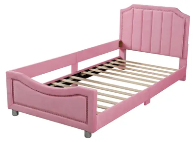 Produktbild von Kinderbett Schlafsofa - Polster Einzelbett 90x200 cm - Samt, Rückenlehne & Armlehnen, mit Stauraum - Rosa