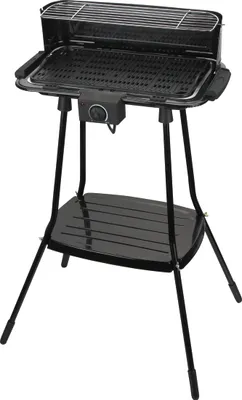 A black electric grill on a stand, shown from the front against a white background.