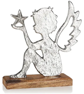 Engelfigur aus Metall und Mangoholz, silber, 16x15x5 cm