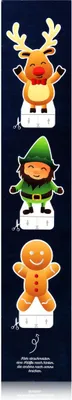 A vertical strip of Christmas-themed characters (reindeer, elf, gingerbread man) on a dark blue background, with instructions at the bottom.