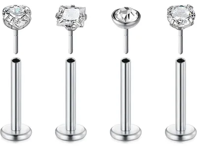 Image de Piercing labial, modèle labret, en acier chirurgical 1,2 x 10 mm, argenté, lot de 4