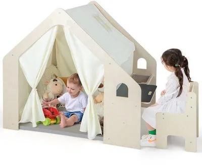Image de Tente pour enfants - Maison de jeu Montessori 6 en 1 avec table de jeu en bois - Plastique - Beige - Pour les enfants de 3 à 6 ans
