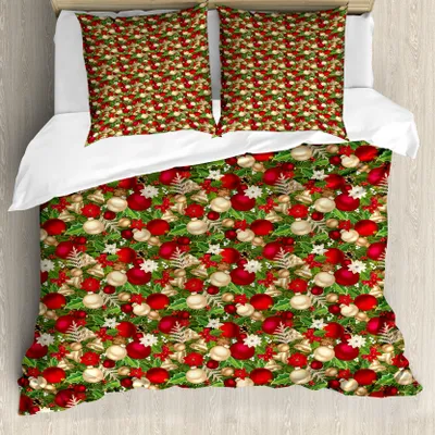 Produktbild von ABAKUHAUS Weihnachten Bettbezug, Baum-Zweig Glocken, Milbensicher Allergiker geeignet mit Kissenbezügen, 155 cm x 220 cm - 80 x 80 cm, Mehrfarbig