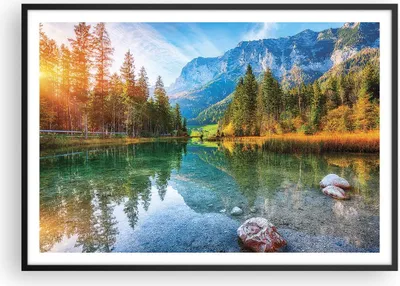 Produktbild von Gerahmtes Poster - Schwarzer Rahmen - Landschaft Berge Morgendämmerung - 100x70 cm - Wand Bild - Wanddeko - Wandbilder - Kunstposter - Wandposter - Bilderrahmen - Bilder - P2BAA100x70-4456