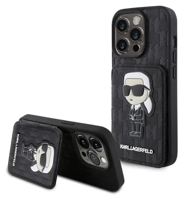 Produktbild von Karl Lagerfeld KLHCP15LSAKKNSCK iPhone 15 Pro 6.1" schwarz hardcase Saffiano Cardslots and Stand Monogram Ikonik Patch Schutzhülle