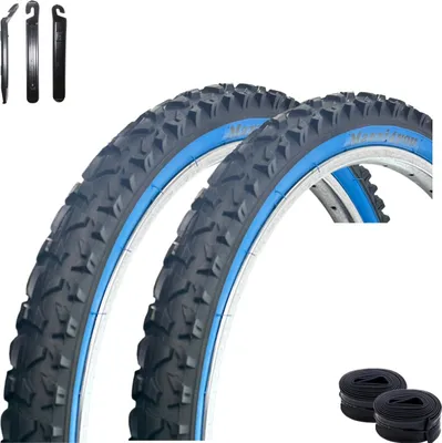 Produktbild von 2 x maxxi4you HY-A109 Fahrradreifen Schwarz/Blau 54-507 (24 x 1,95) + 2 x passende Schläuche DV inkl. maxxi4you Reifenheber