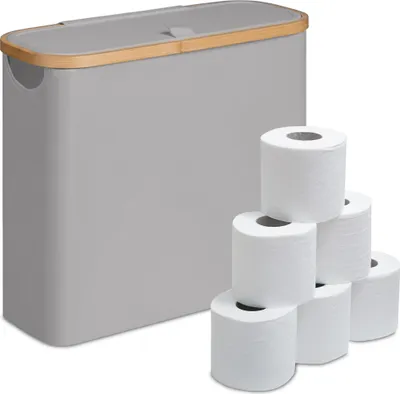 Obrázek produktu pro Relaxdays – držák na toaletní papír, 12 rolí, VxŠxH: 38 x 43 x 17 cm, látka, bambus, koš na toaletní papír, zásobník, šedý
