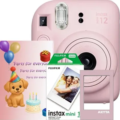 Zdjęcie produktu dla Aparat natychmiastowy Fujifilm Instax Mini 12 Party Pack Pink - zestaw imprezowy zawierający 10 filmów, kartkę okolicznościową i ramkę magnetyczną