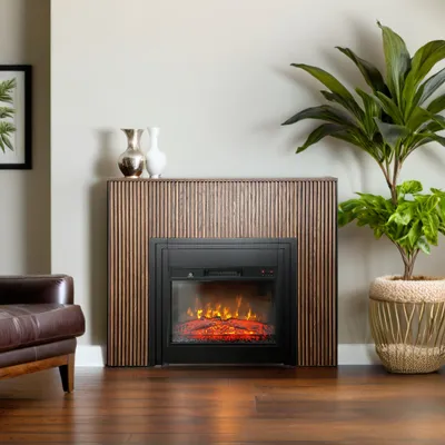 A modern living room scene featuring an electric fireplace with a wooden surround, a leather armchair, and a potted plant.