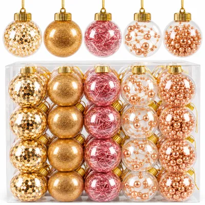 Produktbild von Weihnachtskugeln 6 cm Rosa Gold, 40er Set transparente Christbaumkugeln gefüllt, 5 Designs mit Pailletten Perlen Band, DIY Weihnachtsbaumschmuck