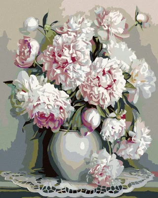 A still life painting of peonies in a vase on a doily.
