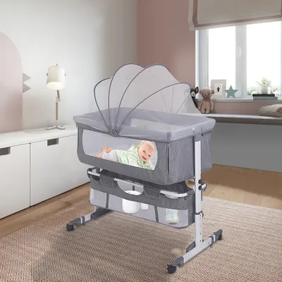 Produktbild von Babywiege Beistellbett Co-Sleeper mit Moskitonetz und Rädern freistehendes Babybett höhenverstellbar 92×58×70-87cm grau