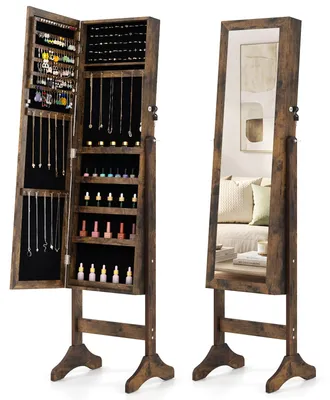 Produktbild von COSTWAY Schmuckschrank, Spiegelschrank, Schmuck Organizer mit Ringschlitzen, Ohrringschlitzen, Kettenhaken & Ablagen, Schmuckaufbewahrung, Braun
