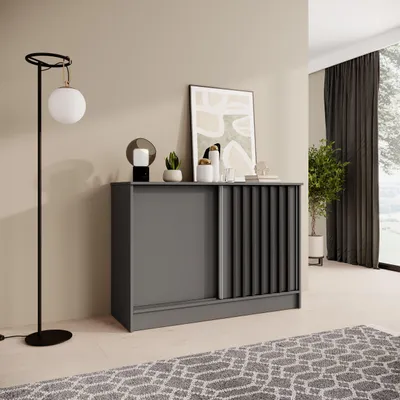 Produktbild von BEAUTYSOFA | Kommode HORIZON 120 cm Graphit, Schwarz mit Lamellen Sideboard mit 2 Schiebetüren, Modernes Design, viel Stauraum