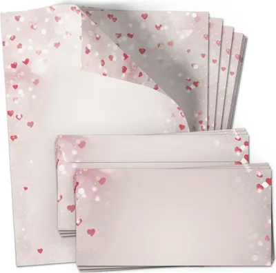 Produktbild von 10 Briefpapier mit Briefumschlag SET | Herzen Rosa Liebe Herz Liebesbrief | Papier und Umschlag mit Design-Motiv bedruckt | 90 g/m²