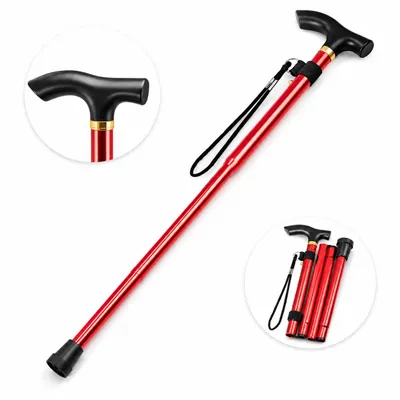 Produktbild von Faltbarer Wanderstock aus Aluminium, 5-teilig Teleskop Gehstock 85-95 cm, leichter Trekkingstock mit T-Griff & rutschfester Gummispitze