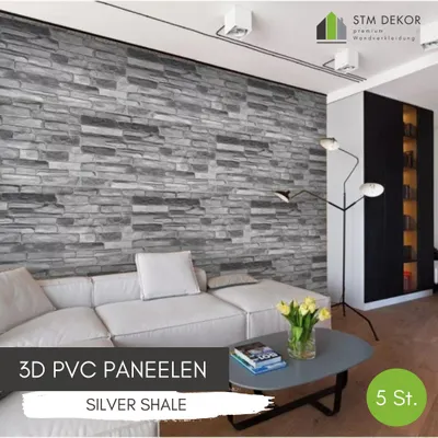 Produktbild von 3D-Wandpaneele PVC | Schiefer Optik | Silver Shale - 5 Platten - 2.5 m² | Für Wohnzimmer, Küche & Bad | Einfache DIY-Montage