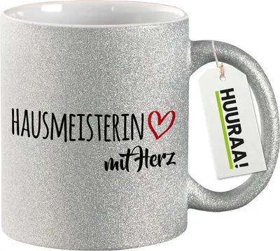 Produktbild von Huuraa Glitzertasse Hausmeisterin mit Herz 330ml Silber Keramik Kaffeebecher Geschenkidee