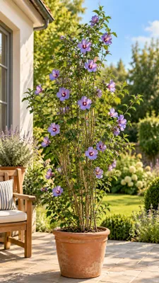 Produktbild von Gartenhibiskus ‘Marina’ – Hibiscus syriacus – winterharter Garteneibisch, blaue Blüten, für Garten & Kübel – 180–250 cm inkl. Topf