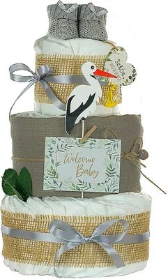 Produktbild von Neutrale Windeltorte Storch mit Bündel | inkl. Babybooties und Mullwindel | grau