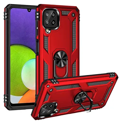 A red phone case with a ring holder is shown from two angles against a white background.