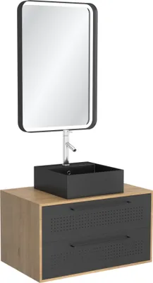 Image de Meuble Salle de Bains 80 cm, Vasque Carrée et Miroir Led - Chêne naturel et Noir Mat - UBY