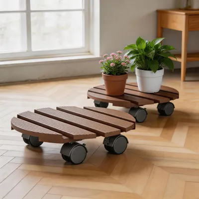 Produktbild von YZNAHRE Pflanzen Rollbrett Rund 2x Pflanzenroller WPC Blumenroller 30cm Blumentopf Untersetzer mit Rollen Außenbereich MAX. 100KG, Braun