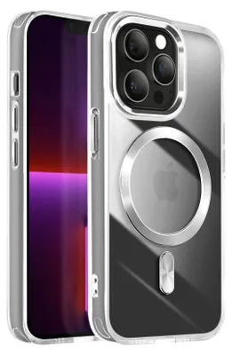 A clear, studio shot of an iPhone 13 Pro Max with a clear MagSafe case, showcasing the phone's camera array and the case's magnetic ring.