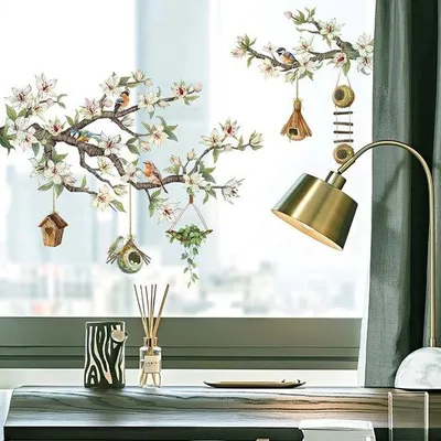 Image de Film décoratif pour fenêtres « Fleurs d'été et oiseaux » - Décoration adhésive pour vitres