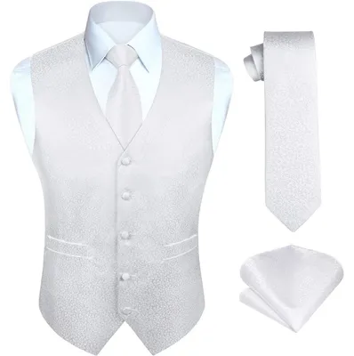 Productafbeelding van Herenset: Vest, das, zakdoek, bloemenprint, jacquard, 3XL, wit